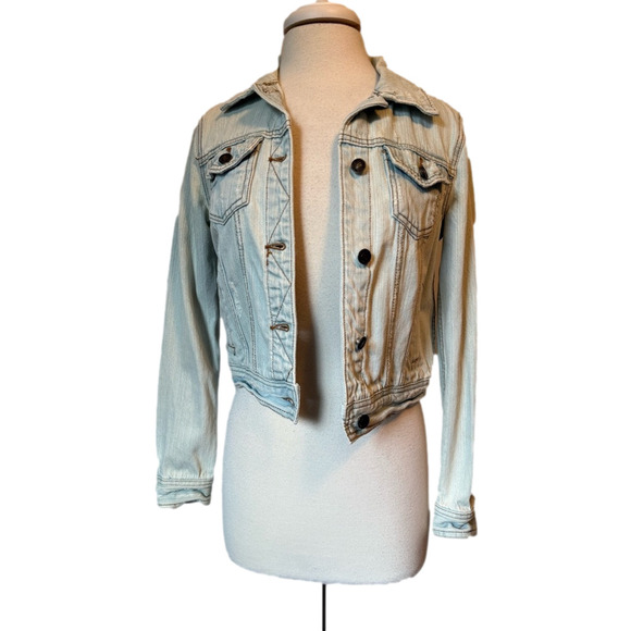 FOREVER 21 Sm Boho Distressed Light Wash Blue Cropped Denim Y2K Festival Jacket - Picture 1 of 10